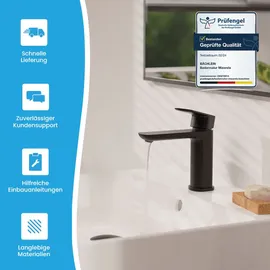 Bächlein Badarmatur Mizarela in klassischem Design, Einhebelmischer mit langlebiger Keramikkartusche und Montage-Set, Bad Wasserhahn Matt Schwarz - flacher Auslauf