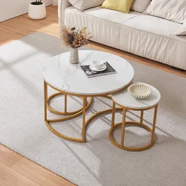 [en.casa] Couchtisch Christchurch 3er Set Marmoroptik, Weiß/Gold