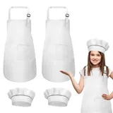 DECARETA 4 Stück Schürze und Kochmütze Set Kinder Kinderschürzen Weiss Küchenschürze Kinderkochschürze Set Verstellbare Gillschürze 4-12 Jahre alt Kinder Backschürze Latzschürze für Kochen Backen - 60 x 45 cm
