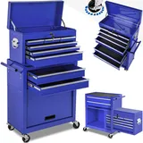 Tectake tectake® Werkzeugwagen 8 kugelgelagerte Schubladen mit Antirutschmatten, großes Klappfach, mobiler Kofferaufsatz mit zentraler Sicherheitsverriegelung, Rollen Ø 100 mm
