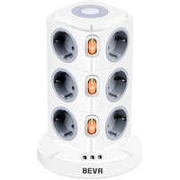 BEVA 12 Fach Mehrfachsteckdose mit 3 USB Steckdosenleiste mit Dimmbarem Nachtlicht Steckdosenturm (2500W/10A) Multisteckdosen Steckerleiste, Überspannungsschutz (mit Schalter)