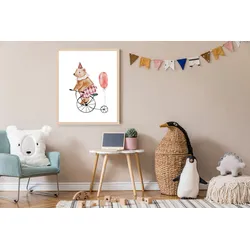 Lüttenhütt Bild mit Rahmen »Bär mit Luftballon«, Bär-Fahrräder-Fahrzeuge-Fantasy-Karneval-Luftballon-Tiere, (1 St.), Premium Rahmenbild, Motive in wunderschönen Pastelltönen Lüttenhütt Farbe Rahmen: beige + Farbe Bild(er): bunt