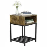 Relaxdays Nachttisch, Fach & Ablage, HBT 58x40x40 cm, Industrial, Holzoptik, Metall, Nachtschrank, Dunkelbraun/schwarz