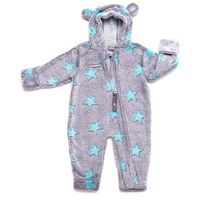Hoppediz Baby Overall aus Fleece, extra lange Beine - perfekt für die Babytrage, Umschlagbündchen an Händen und Füßen - grau-türkis 68-74