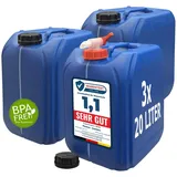 plasteo® 3X 20 Liter Wasserkanister Kanister Plastikkanister Campingkanister blau Lebensmittelecht BPA-Frei Gefahrgut geeignet DE - Blau