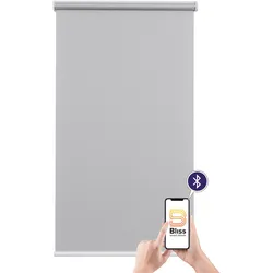 Elektrisches Rollo SUNLINES "Mosaik", grau (hellgrau, weiß), B:100cm H:180cm, Polyester, Metall, Kunststoff, Rollos, appgesteuert via Bluetooth, mit Akku und Motor, weißer Fallstab