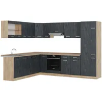 Vicco Eckküche R-Line 287x227 cm Schwarz Beton Eiche mit Arbeitsplatte Eiche