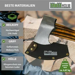 Baumarktplus Beil Vintage Stahl Hickoryholz geflammt 500 g Kopf 320 mm lang inkl. Klingenschutz aus Leder