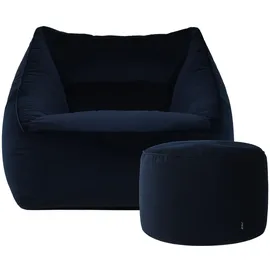 I.C.O.N. Icon Natalia Sitzsack Sessel mit Sitzpuff für Erwachsene, Dunkelblau, Flauschiger Samtstoff, Riesen Sitzsack Samt mit Füllung, Bean Bag Chair, Bequemer Sessel Wohnzimmer, Lounge, Schlafzimmer, Büro