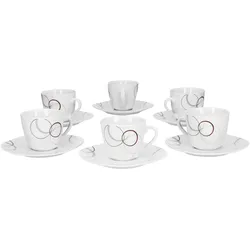 6er Set Kaffeetasse 20cl und Kaffeeuntertasse 14,5cm Palazzo - aus weißem Porzellan mit Dekor-Kreisen in grau und dunkelrot