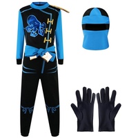 Katara Partyanzug Kinderkostüm Ninja Krieger für Jungs und Mädchen, mit Maske und Handschuhen, Fasching, Karneval, Halloween, Verkleidung blau 104/116 - S