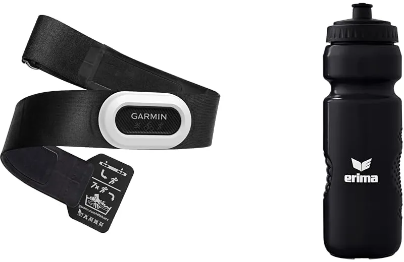 Garmin HRM- Brustgurt, Aufzeichnung von Herzfrequenzwerten, ANT+ und BLE & Erima Unisex Erwachsene Zubehör Team Trinkflasche, Kunststoff, schwarz, Standard