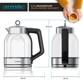 Arendo Wasserkocher 2000 W, 360° Basis, Warmhaltefunktion, Edelstahl Glas, mit Temperatureinstellung, Silber