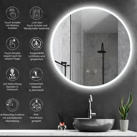 PonteSino HOKO Badspiegel LED Antibeschlag rund 60cm+LED Wechsel Warmweiß-Kaltweiß-Neutral 2700-6500K. Licht mit Touch Schalter/Wandschalter einschaltbar).... - Transparent