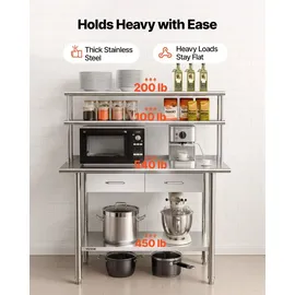 Vevor Gastronomie Arbeitstisch 1220 x 610 x 1400 mm, Edelstahltisch mit Grundboden & 2 Schubladen & Doppelaufsatzbord, Gewerblicher Vorbereitungstisch Werkbank für Restaurant Garage Küchentisch