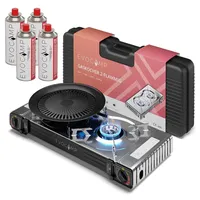 evocamp Gaskocher 2-flammig mit Piezozündung mit 4 Gaskartuschen und Grillaufsatz rund 32 cm