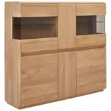 Linea Natura Highboard, Wildeiche, Glas, Holz, Wildeiche, massiv, 6 Fächer, 153x138x41 cm, Beimöbel erhältlich, stehend, Typenauswahl, Holzmöbel, Kleinmöbel Holz, Highboards Holz