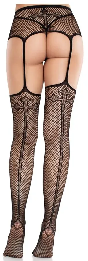 LEG AVENUE - SPITZENSTRÜMPFE MIT KREUZ UND STRUMPFGÜRTEL SCHWARZ