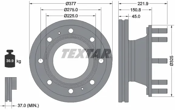 TEXTAR Bremsscheibe 93309200 377mm 45mm für Iveco