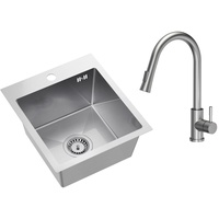 VBChome Edelstahlspüle mit Armatur 40 x 45 cm Gebürsteter Edelstahl Einbauspüle mit Hahnloch Küchenspüle Groß Becken Ablaufgarnitur Siphon Edelstahlspüle Armatur Inox mit Ausziehbarem Auslauf