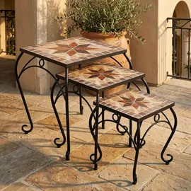 Harms Import 3er Set Hocker Beistelltische Garten schwarz bunt Keramik Stahl Mosaik Blumen