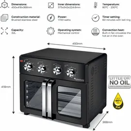 TurboTronic digitaler Heißluftofen - XXL 32 Liter mit Drehspieß für Hähnchen 4in1 Mini Backofen & Power Heißluftfritteuse Airfryer ab 80°C
