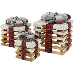 ECD Germany 3er Set LED Holzgeschenk Boxen Beleuchtet Geschenke Warmweiß Weihnachtsdeko