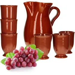 7tlg. Tongeschirr Set Tonkrug 1.9L + 6 Tonbecher 175ml braun glasiert