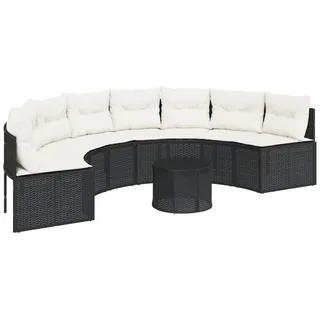 vidaXL Gartensofa mit Tisch und Kissen Halbrund Schwarz Poly-Rattan