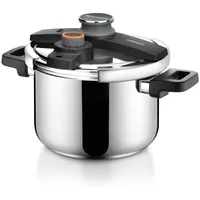 Tescoma ULTIMA Schnellkochtopf 6 l, Einhandbedienung mit intuitiver Druckeinstellung und Druckanzeige, 4-fache Sicherheit, Induktion geeignet, inklusive Dampfsieb, Silber
