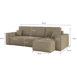 kaiser möbel Ecksofa mit schlaffunktion und bettkasten, Eckcouch BEST stoff Poso Dicker Cord viele farben Dunkelbeige Rechts - Beige