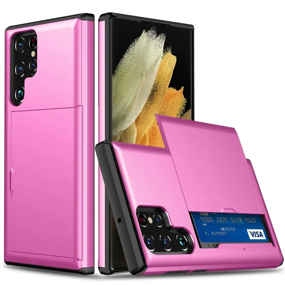 Schutzhülle für Samsung Galaxy S22 Ultra Pink Handyhülle Schutztasche Case Cover Tasche Transparent Smartphone Bumper (Kartensteckplatz-Kreditkarte-Geldscheine)