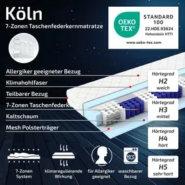 Matratzen Perfekt Taschenfederkernmatratze Köln in Weiß, Härtegrad 5 – Hochwertige Kaltschaumpolsterung – Abnehmbarer, waschbarer Bezug