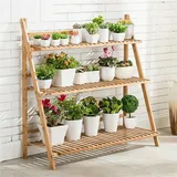 WISFOR Blumentreppe mit 3 Stufen, Blumenleiter aus Bambus,Blumenregal klappbar 100 x 38 x 97 cm - Braun