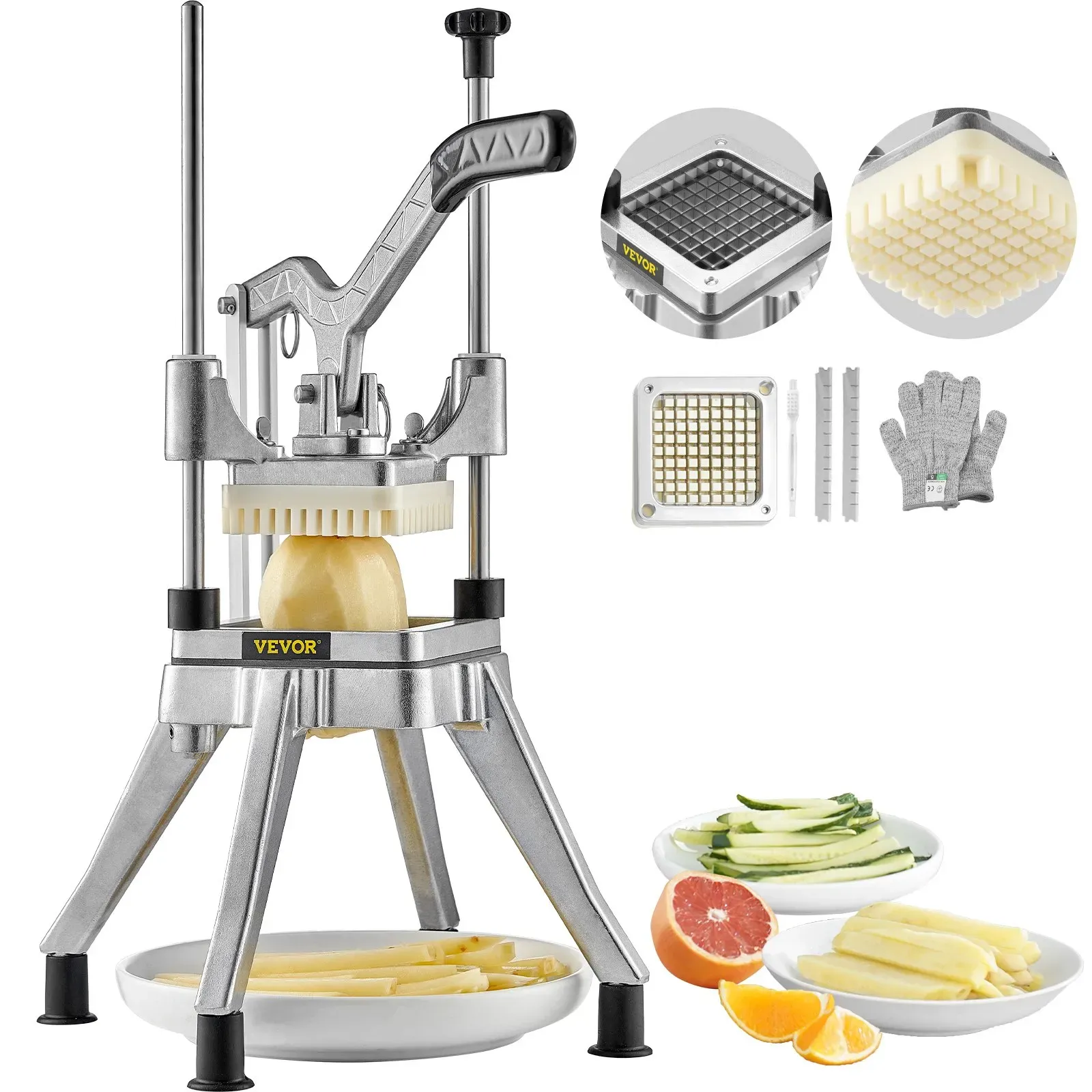 VEVOR Kartoffelschneider Pommes Frites Schneider 0,95cm, Frittenschneider Gemüseschneider Kommerzieller Zerkleinerer Obstschneidemaschine mit 2 Ersatzklingen, Edelstahl Zerhacker Salat, Früchte