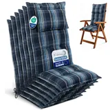 Beautissu 6er Set Gartenstuhlauflagen Hochlehner Auflagen 120x50 cm – 7cm Polster Sitzauflagen Gartenmöbel Made in EU – UV-Lichtecht Sitzpolster Gartenstuhl Blau Weiß Kariert – HighLux HL