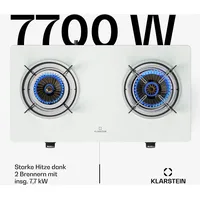 Klarstein Barzona Campingkocher 2 Brenner 3,4 kW & Glas, 7,7kW, Tragbarer mit Piezo-Zündung & Flammenausfallsicherung, Kompaktes und Tragbares Design, Weiß