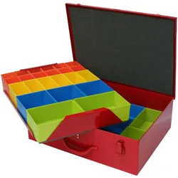 PROREGAL Sortimentskoffer aus Metall mit 46 farbigen Systemfächer | HxBxT 13,5x33x44cm | Verkehrsrot