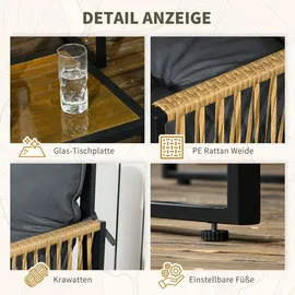 Outsunny 4 tlg. Rattan Gartenmöbel-Set, Sitzgruppe mit Kissen, Gartengarnitur mit 1 Couchtisch aus Glas, 2 Sesseln, 1 Doppelsofa, Sitzgarnitur für Garten, Terrasse,