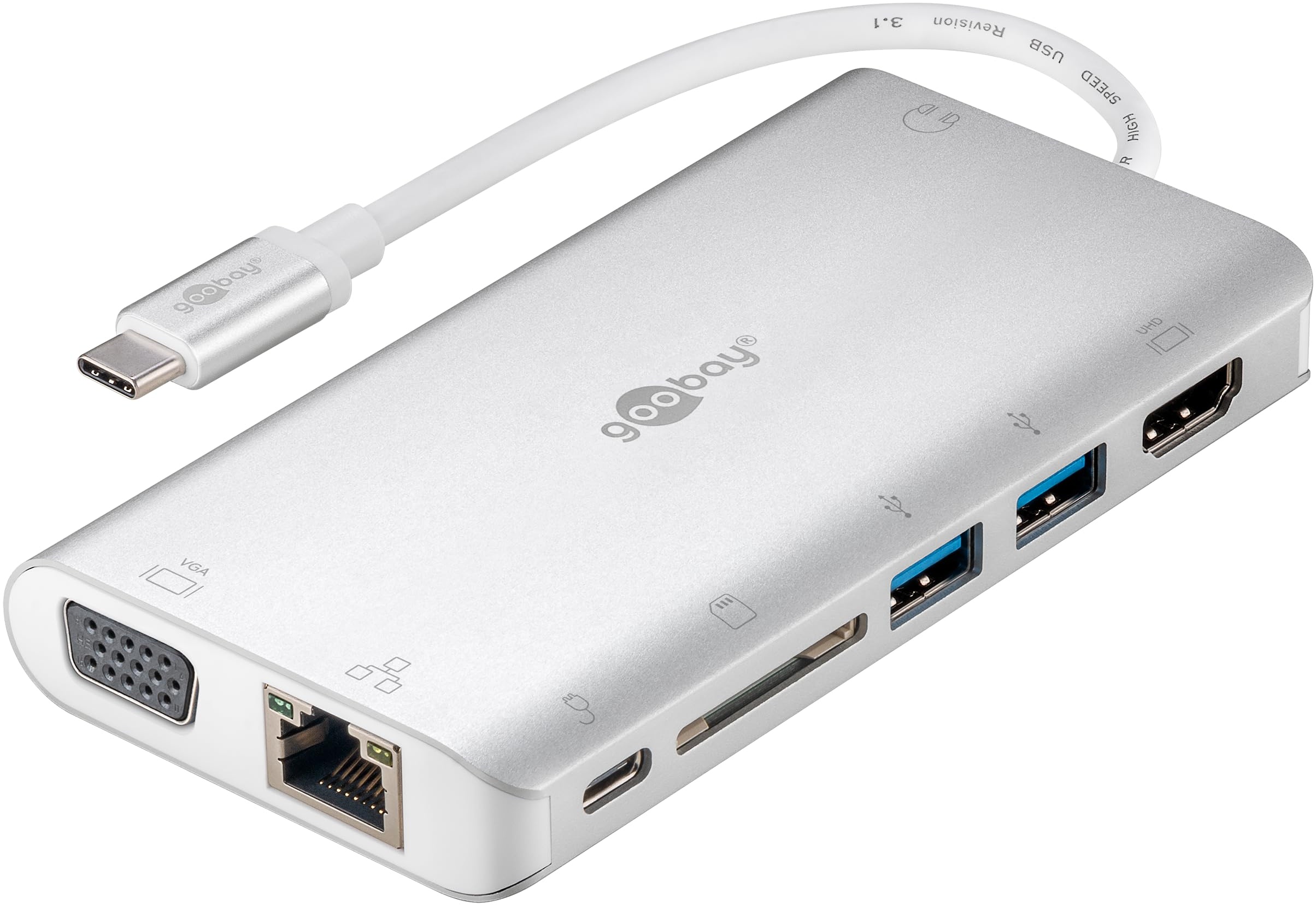 Goobay 49850 USB C Hub Multiport Verteiler 9 Ports HDMI/VGA/USB C PD / 2X USB 3.0 / RJ45 / 3,5 mm Audio/SD & microSD Kartenleser/Aluminium