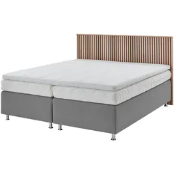 Boxspringbett "Quercus", grau, L:206cm, Kopfteil MDF/Dekor Eiche hell, Boxenbezug: Feinstruktur 100% Polyester, Box: Holzwerkstoff mit Bonnellfederung, Füße: verchromtes Metall, Topper: Kaltschaum, WESTFALIA SCHLAFKOMFORT, Komplettbetten, Boxspringbett, wahlweise mit LED-Beluchtung, 3 Matratzenarten zur Auswahl