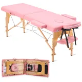 YOUNIKE Massageliege Klappbar 2 Zonen Massagetisch Spa Liege 60cm Breit Tragbare Massagebank Höhenverstellbarer Kosmetikliege mit mit Kopfstütze Armlehnen & Tasche Tattooliege Rosa