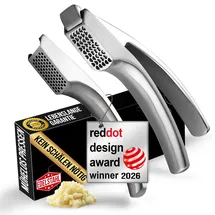 gourmet easy Knoblauchpresse Edelstahl Set mit 2 Aufsätzen | Knoblauch Presse für Knoblauchpaste & Stücke | Garlic Press für Knoblauch & Ingwer (kein Schälen notwendig) | Spülmaschinenfest Lebenszeit-Garantie