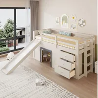 Niedriges Hochbett 90x200 Cm Aus Kiefer Und Mdf, Creme, Mit Rutsche Und 3 Schubladen