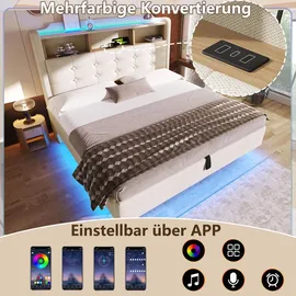 stilvora Polsterbett 140x200 cm mit LED-Lichtleiste und hydraulischem Stauraum, Doppelbett mit Staufächern und schwebendem Design, Jugendbett mit ... - Beige