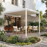 Pergola SAKI | 4x4 m | Stoff: beige | Gestell: Weiß mit Flachdach