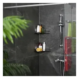 Relaxdays Duschablage ohne Bohren, 2er Set, Duschkorb Ecke, selbstklebend, Metall, Duschgelhalter in 2 Größen, schwarz