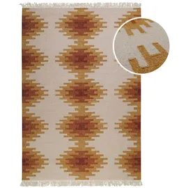 Green Looop Wollteppich GREEN LOOOP "Belle", beige, mittel, B:300cm H:5mm L:400cm, Wolle, Teppiche, Fransen, Kelim, handgewebt, Natur, Wohnzimmer, Schlafzimmer, Raute