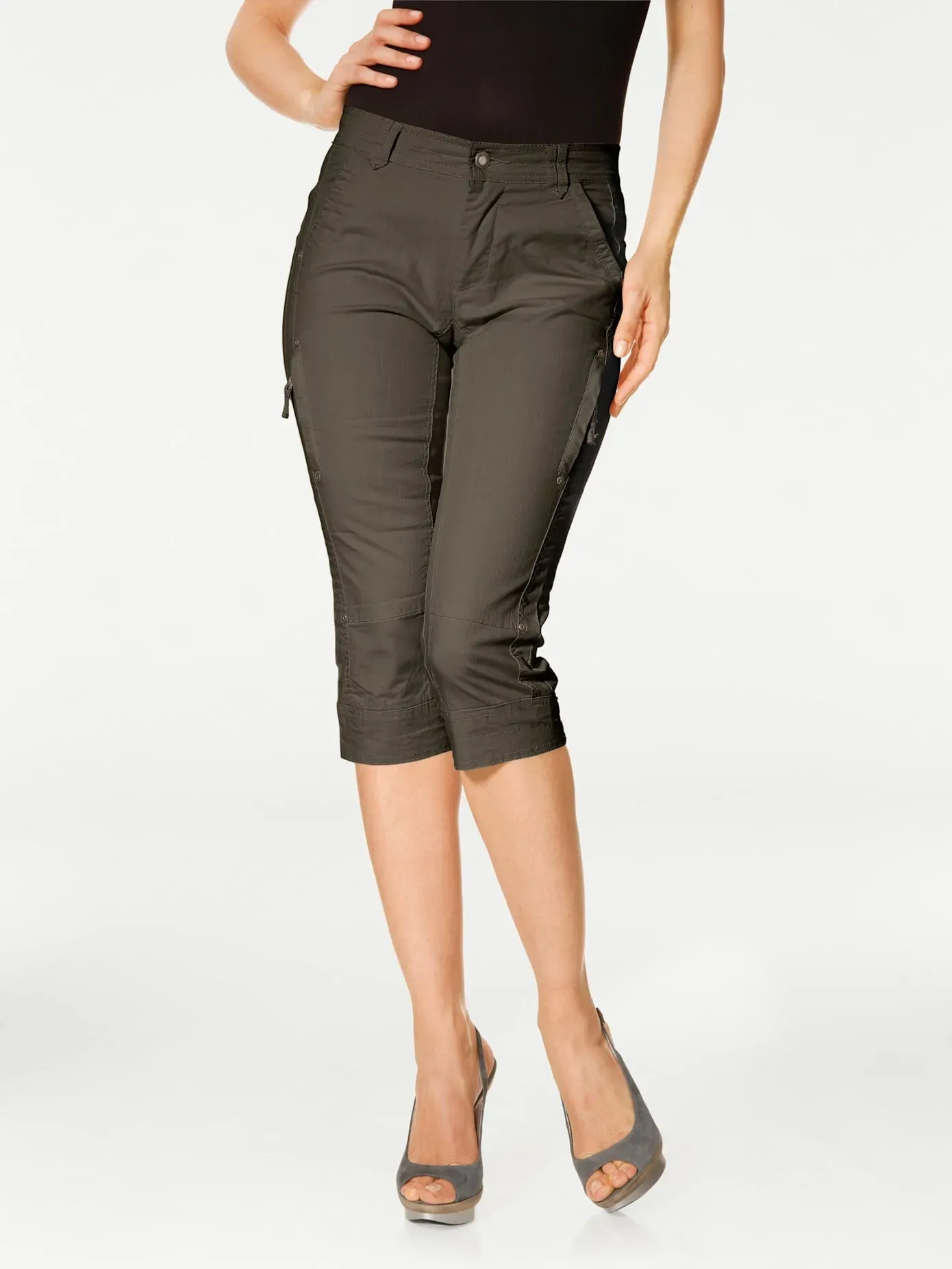 Caprihose HEINE, Damen, Gr. 40, Normalgrößen, grün (khaki), 98% Baumwolle, 2% Elasthan, unifarben, 3/4-Länge, Hosen Caprihose