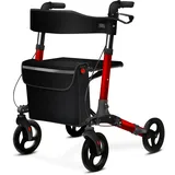 aktivshop Rollator faltbar und leicht mit Sitz, Leichtgewicht-Reiserollator aus Aluminium, Gehhilfe 8-fach höhenverstellbar, Laufhilfe 3-fach faltbar für Kofferraum, Tasche & Schirmhalter